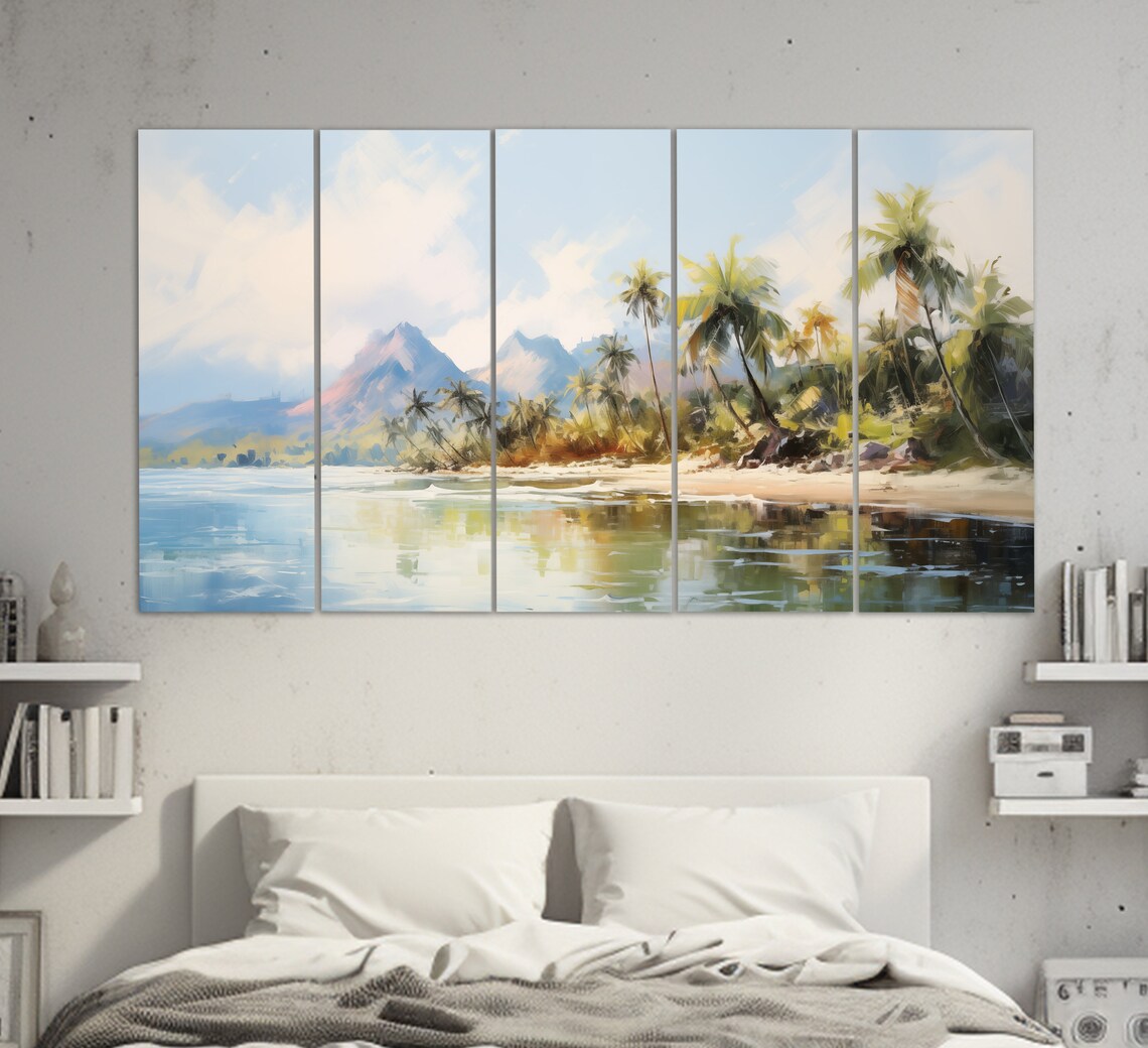 Fiji Tropical Beach Palm Trees Mountain Calm Sea Oil Painting Poster - Image 2