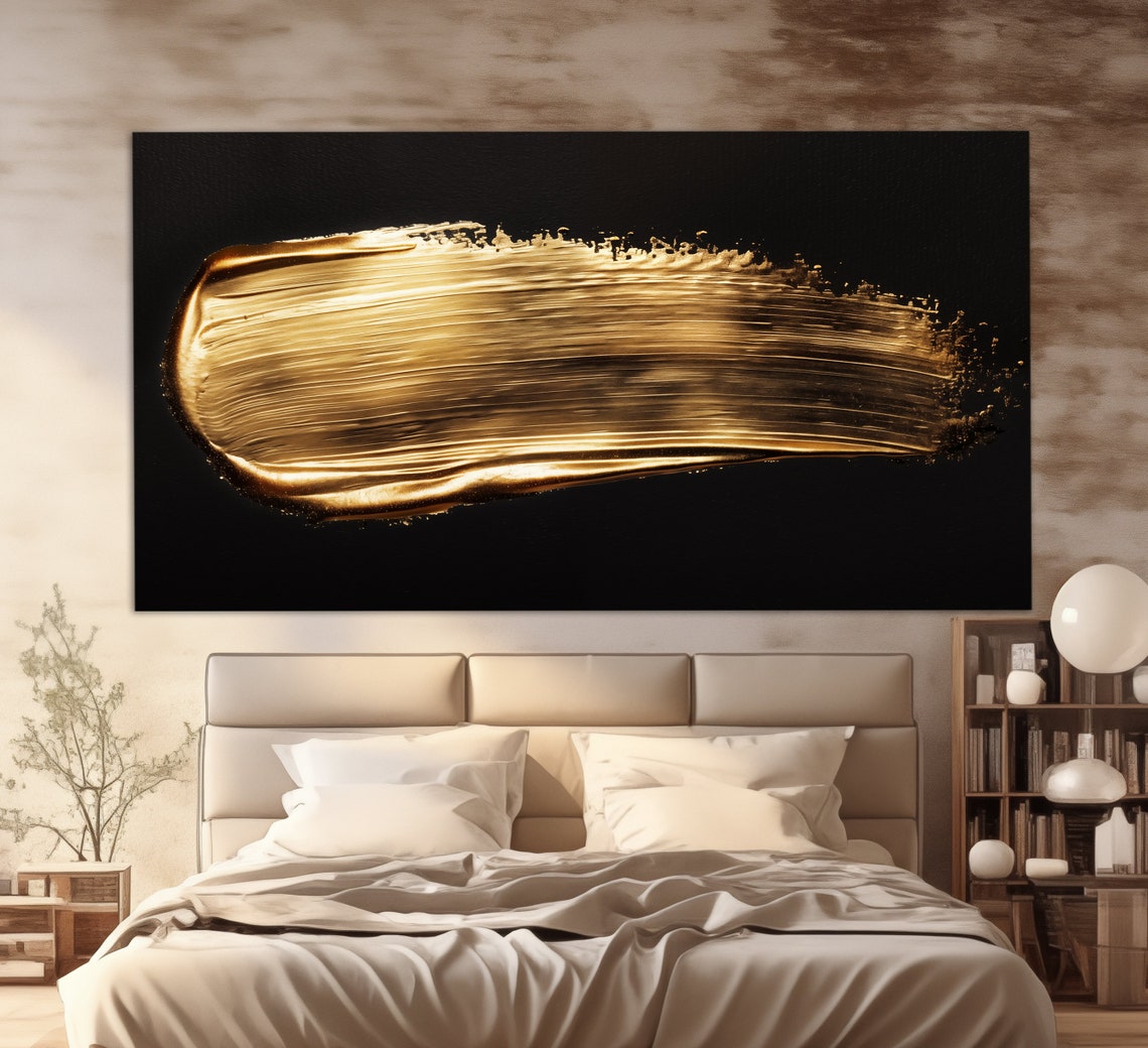 Gold Paint Brushstroke Smear Abstract Black Background Wall Art