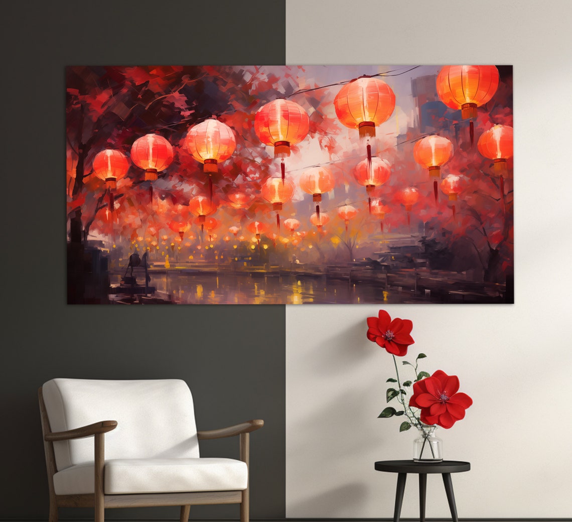Chinese Lantern Festival Print In An Vintage Oil Painting Style Chinese Wall Art Chinese Lanterns Painting Chinese Art