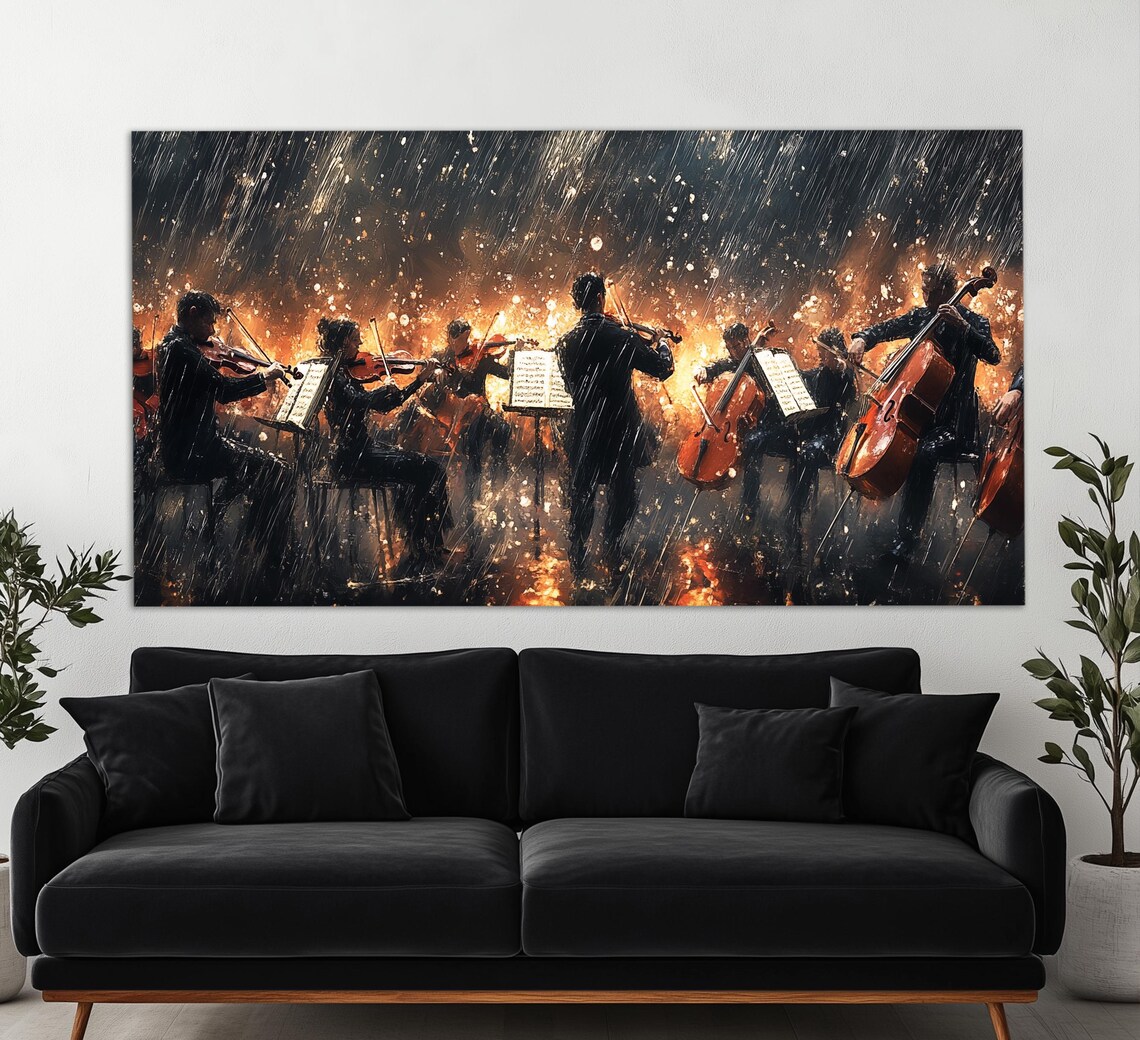 Symphony Orchestra Playing In Rainy Night Glowing Embers Classical Music Poster - Image 4