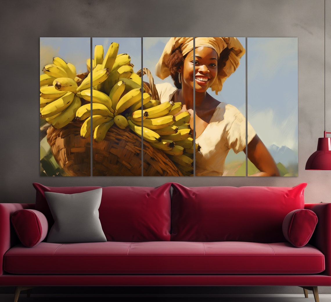 African Lady With A Basket Of Bananas Print In An Oil Painting Style Kitchen Wall Art Ethnic Woman Painting African Wall Decor - Image 3