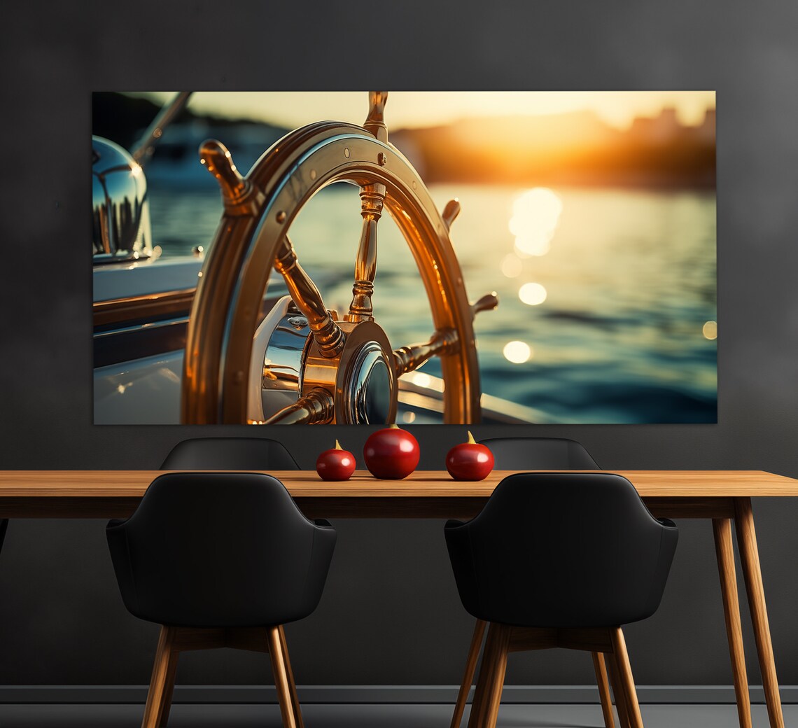 Yacht Ship Wheel Close Up Golden Sunset Sparkling Sea Poster - Image 3