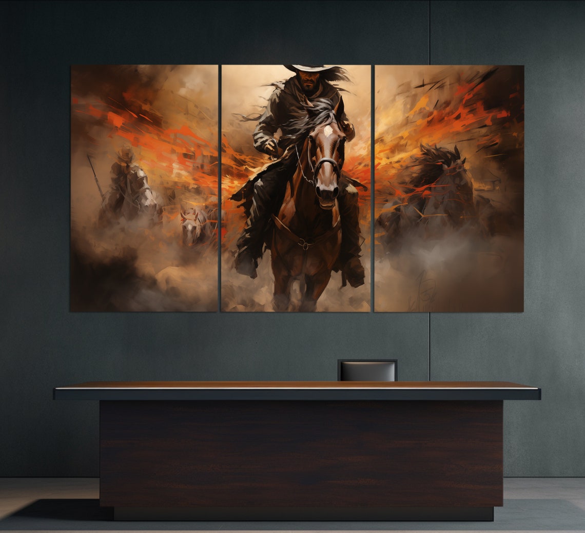 Wild West Cowboy On Horseback Charging Through Fire Oil Painting Print - Image 3