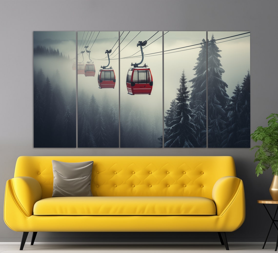 Ski Lift In Foggy Winter Forest Print Ski Wall Art Cable Car Painting Ski Lift Poster Winter Wall Art Winter Sports Art - Image 6