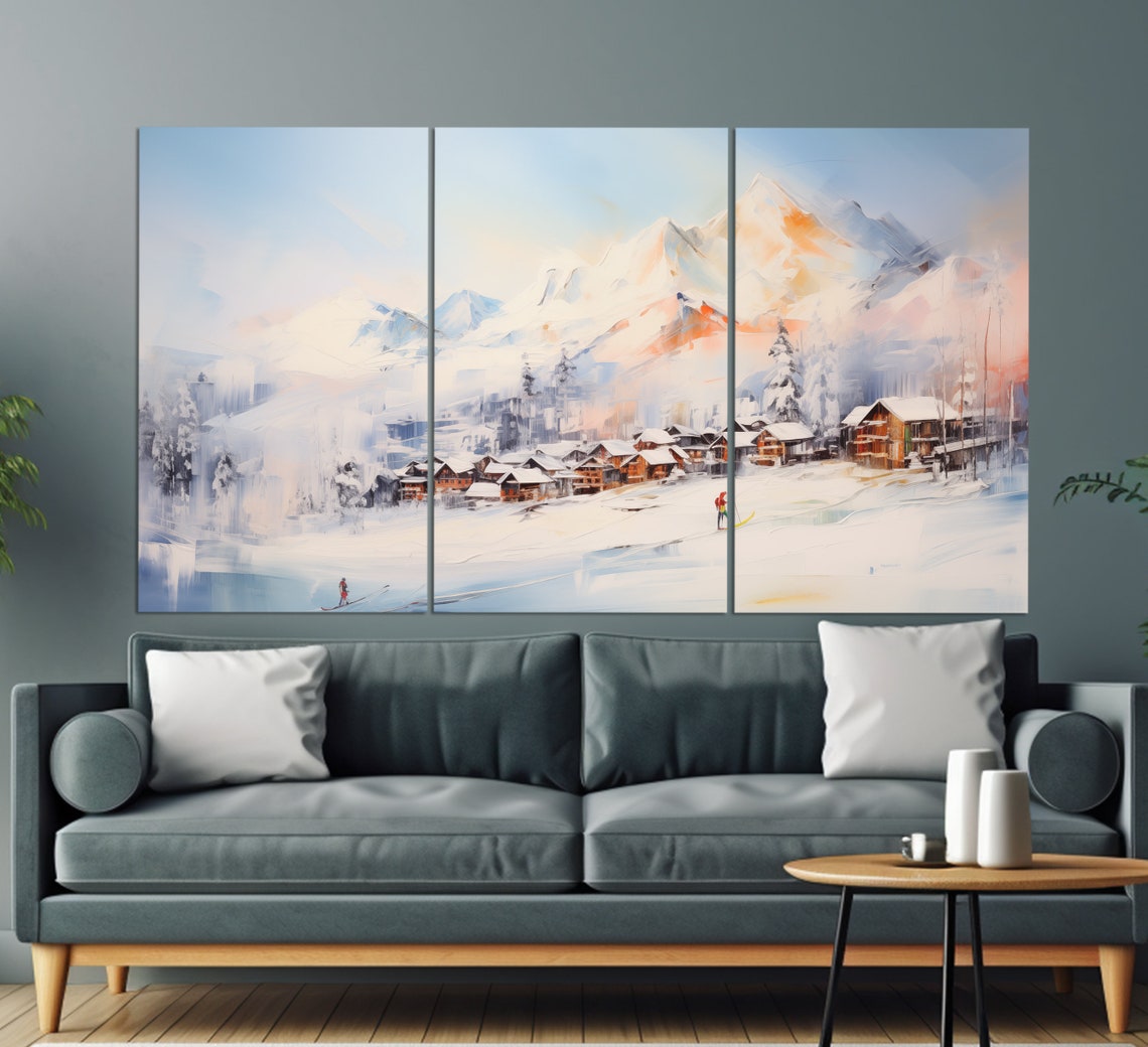 Alpine Ski Resort Village Snowy Peaks Sunrise Soft Watercolor Poster - Image 6