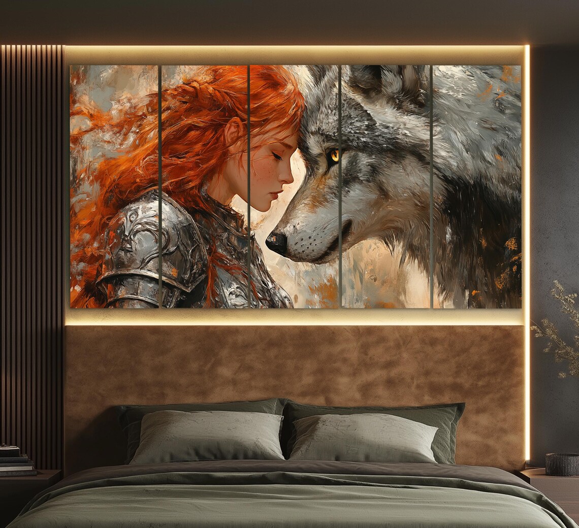 Loyal Wolf and Red-Haired Lady Warrior Art Print - Image 2