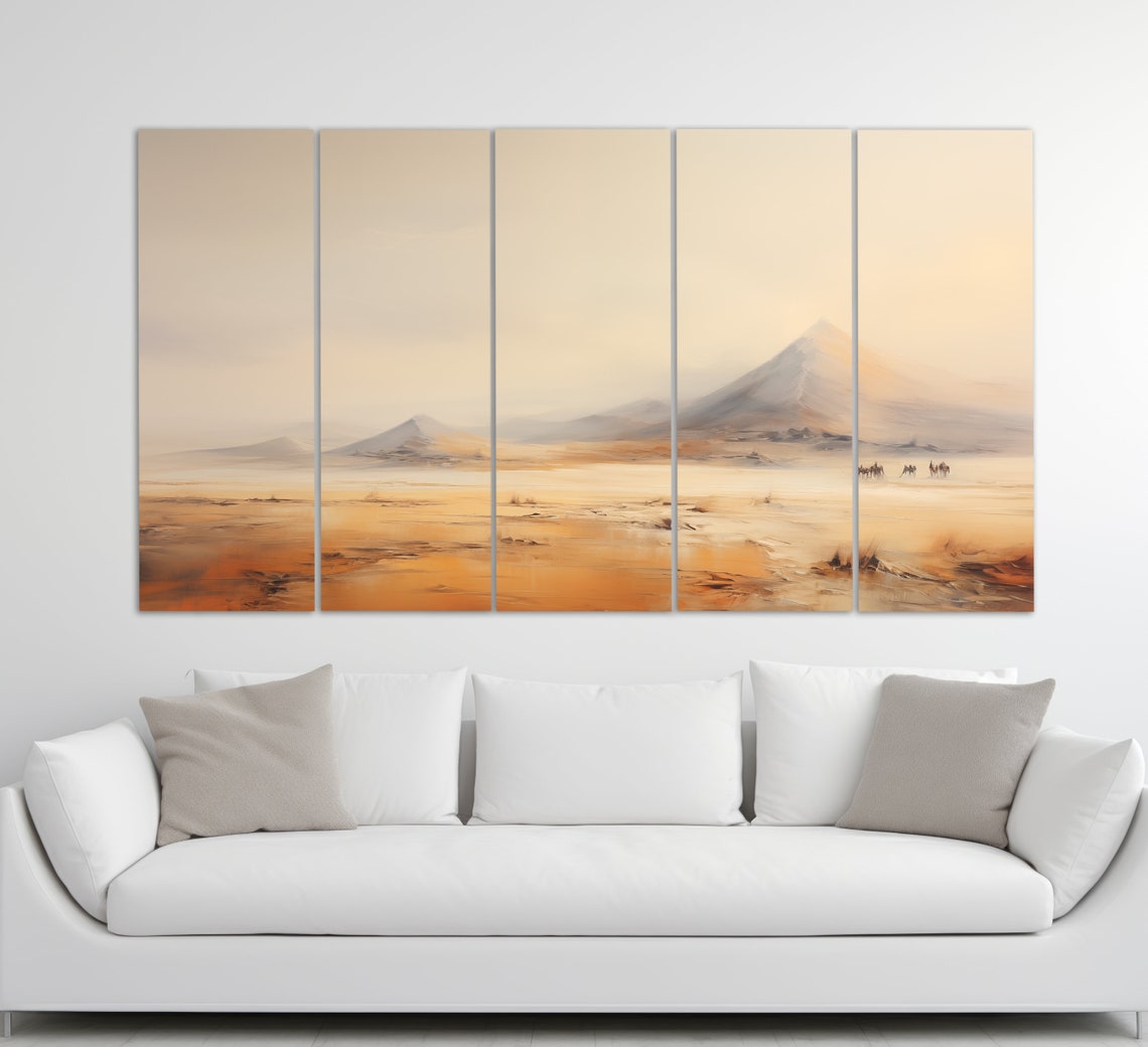 Desert Landscape Hazy Mountains Camel Caravan Warm Beige Poster - Image 2