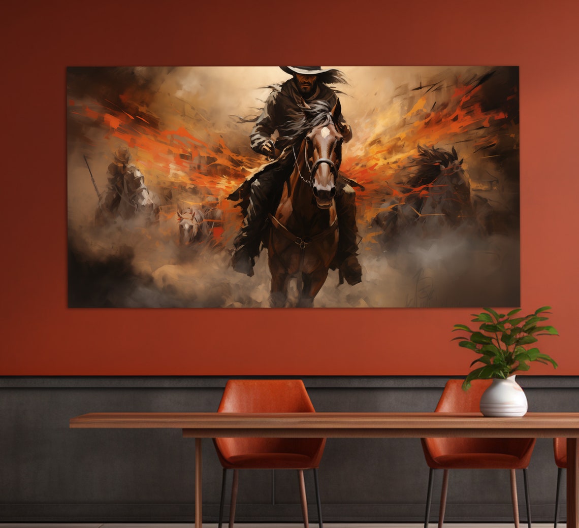 Wild West Rider Print In A Vintage Oil Painting Style Western Horse Rider Painting Western Wall Art Texas Wall Art Wild West Art