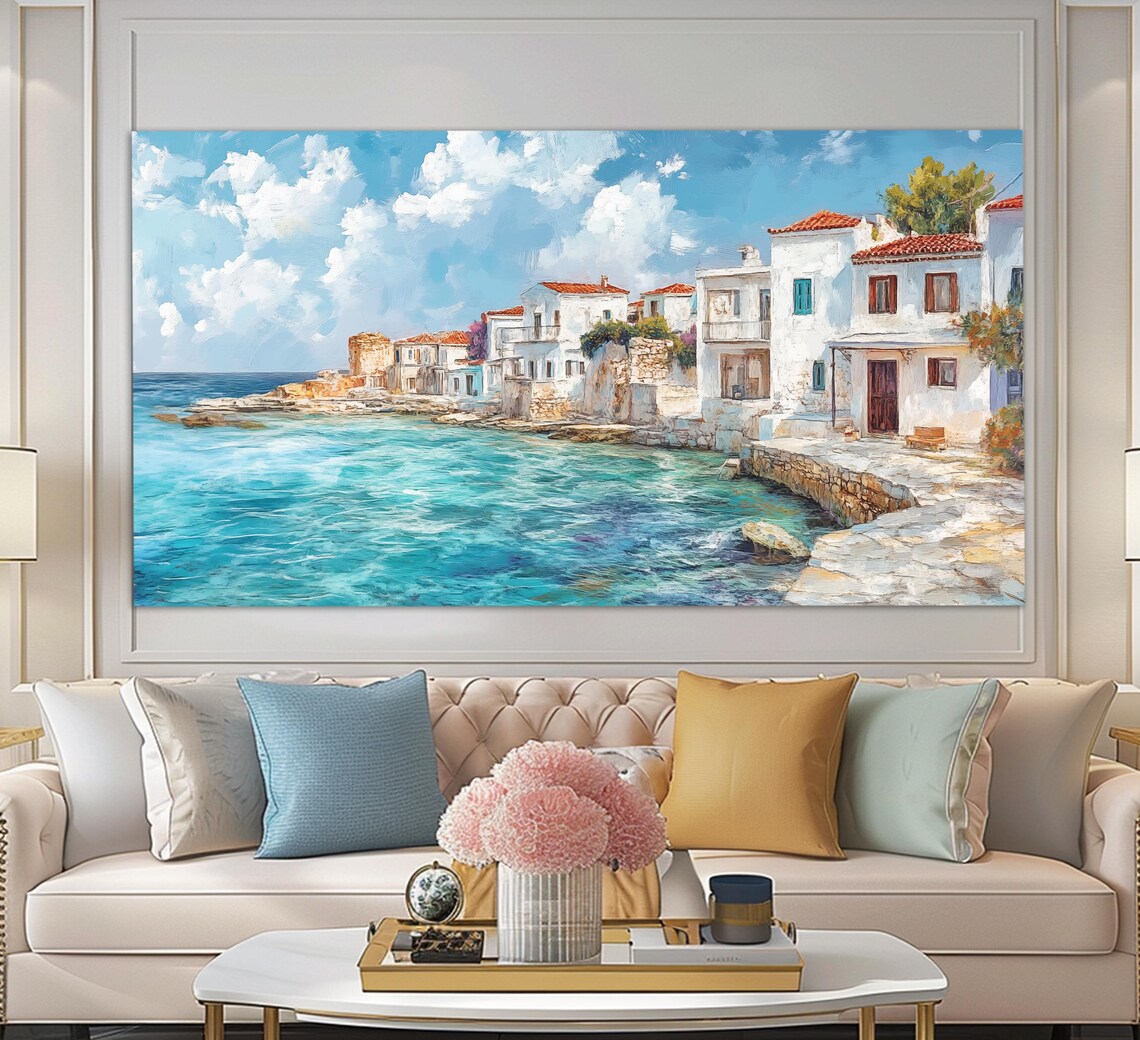 Paphos Coast Cyprus Print In A Vintage Oil Painting Style Cyprus Wall Art Cyprus Painting Paphos Island Retro Style Cyprus