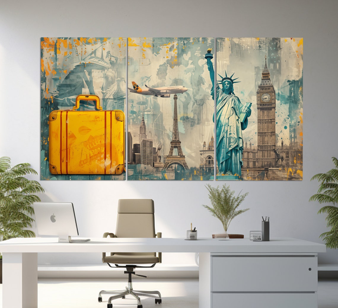 World Landmarks Suitcase Airplane Statue Liberty Eiffel Travel Poster - Image 4