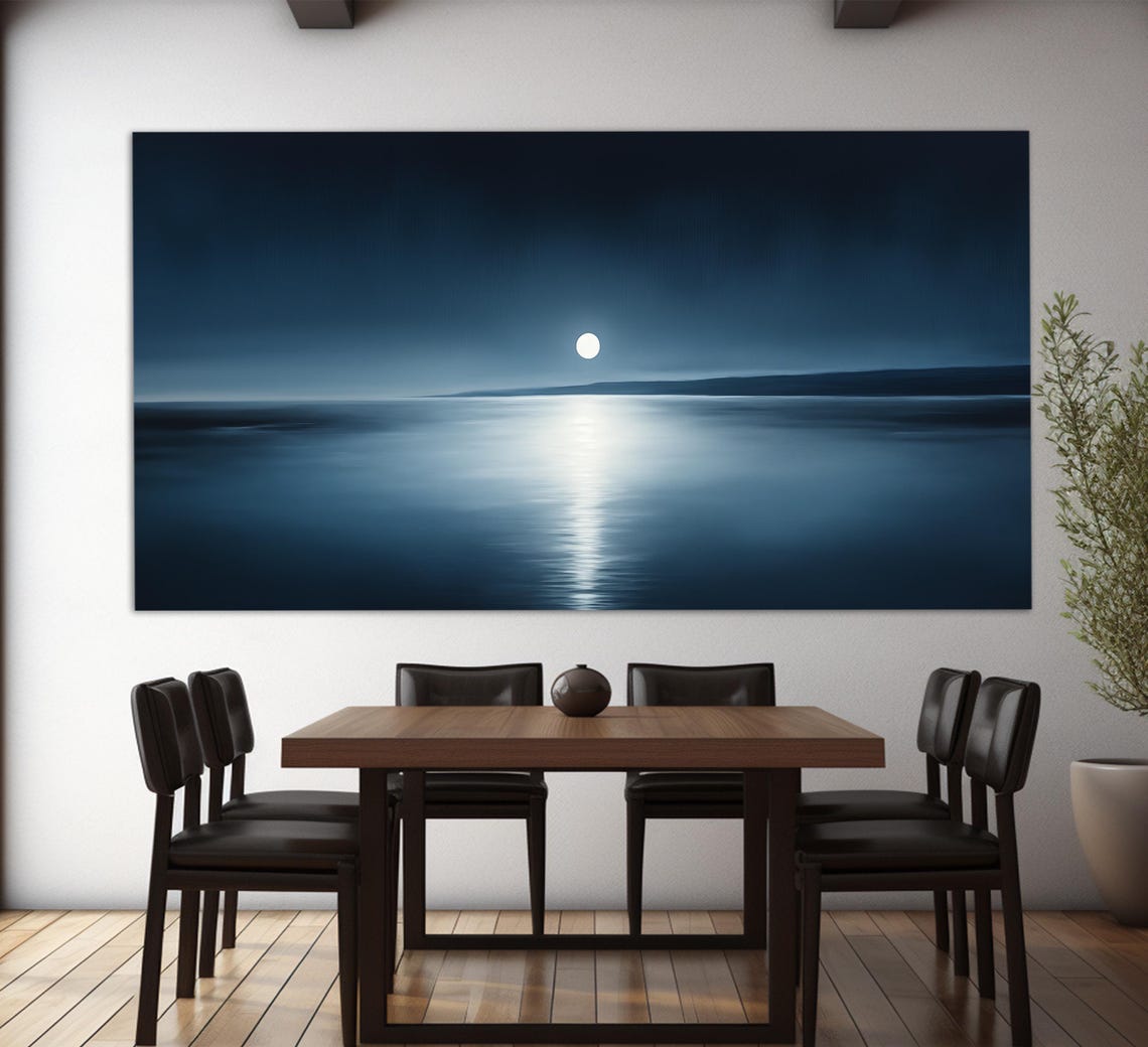 Minimalist Full Moon Over Dark Lake Moonlit Reflection Night Wall Art - Image 3
