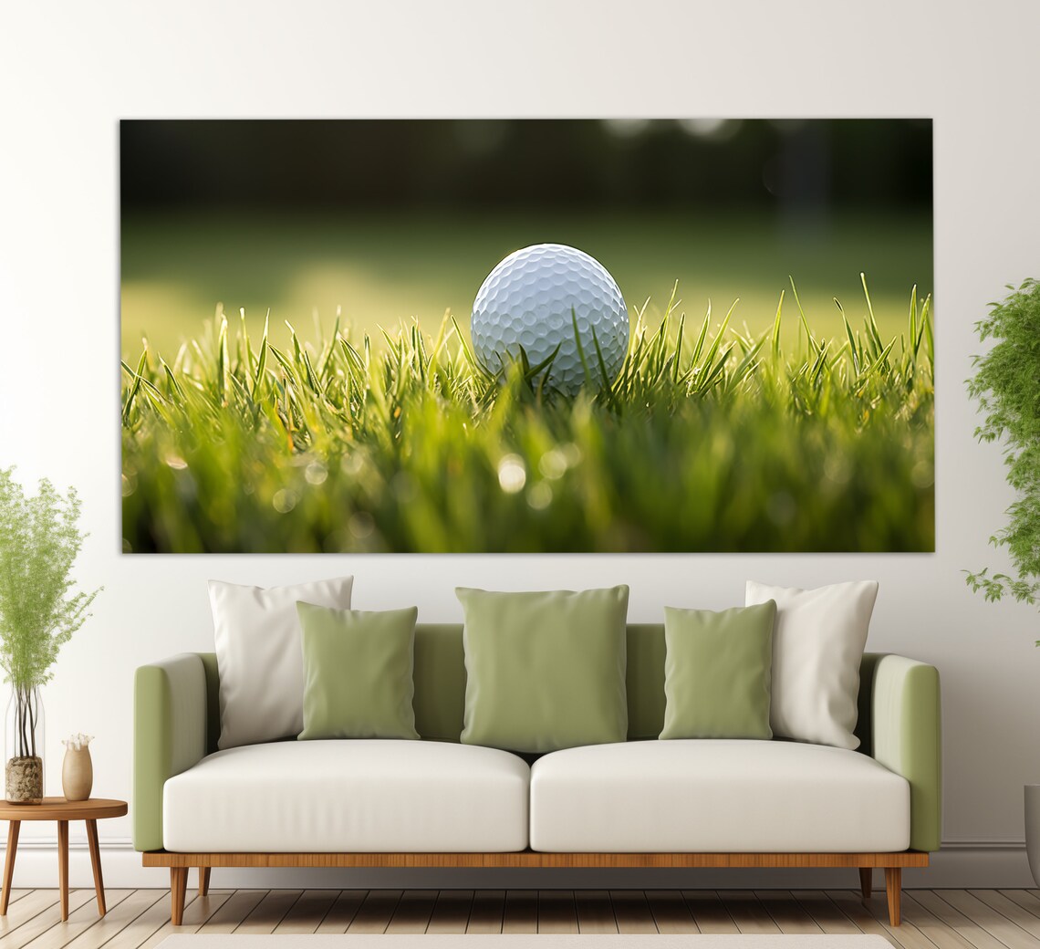 Golf Ball On Dewy Green Grass Sunrise Fairway Photography Wall Art