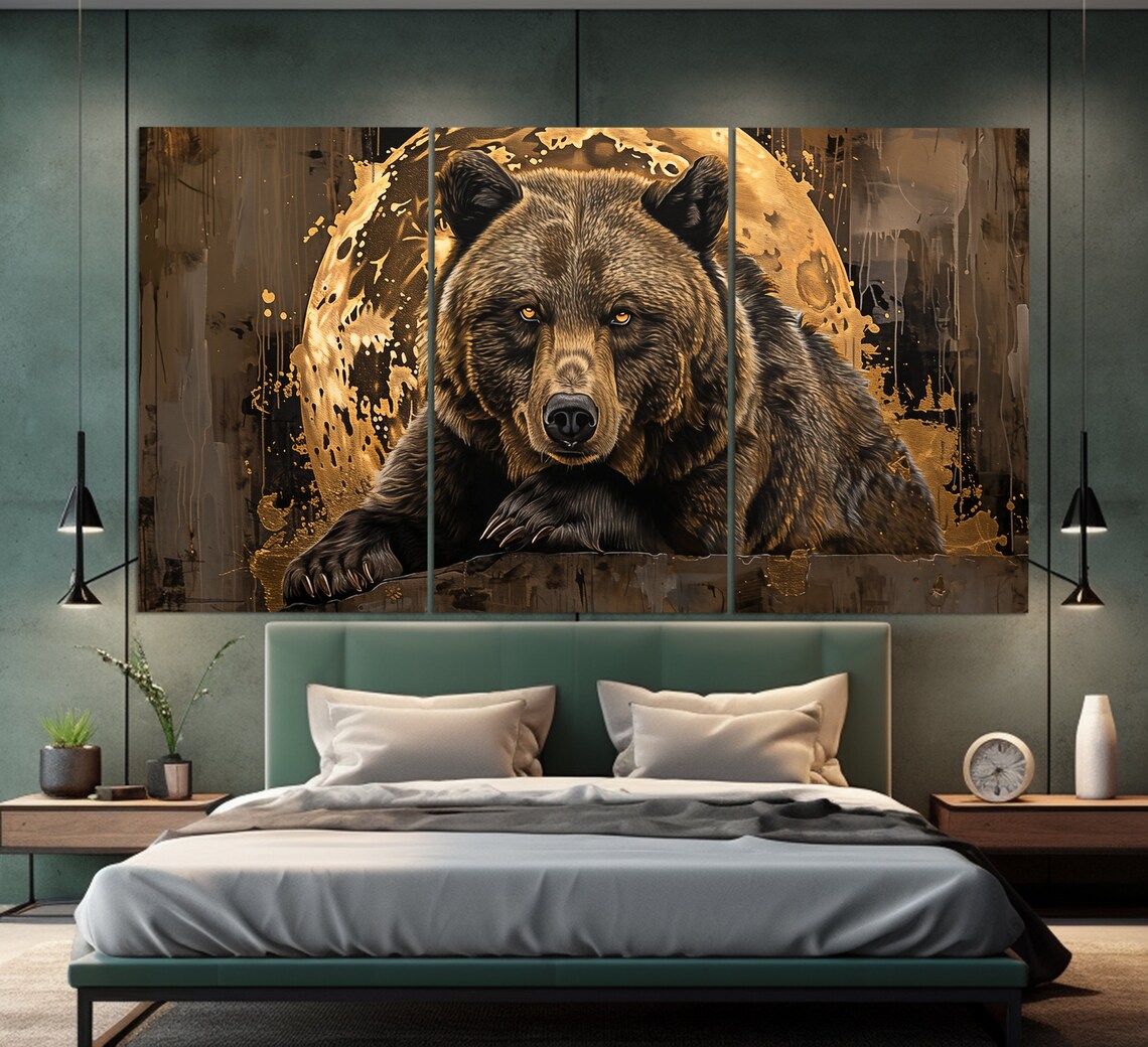 Grizzly Bear Resting Before Golden Full Moon Dramatic Wildlife Art Poster - Image 3