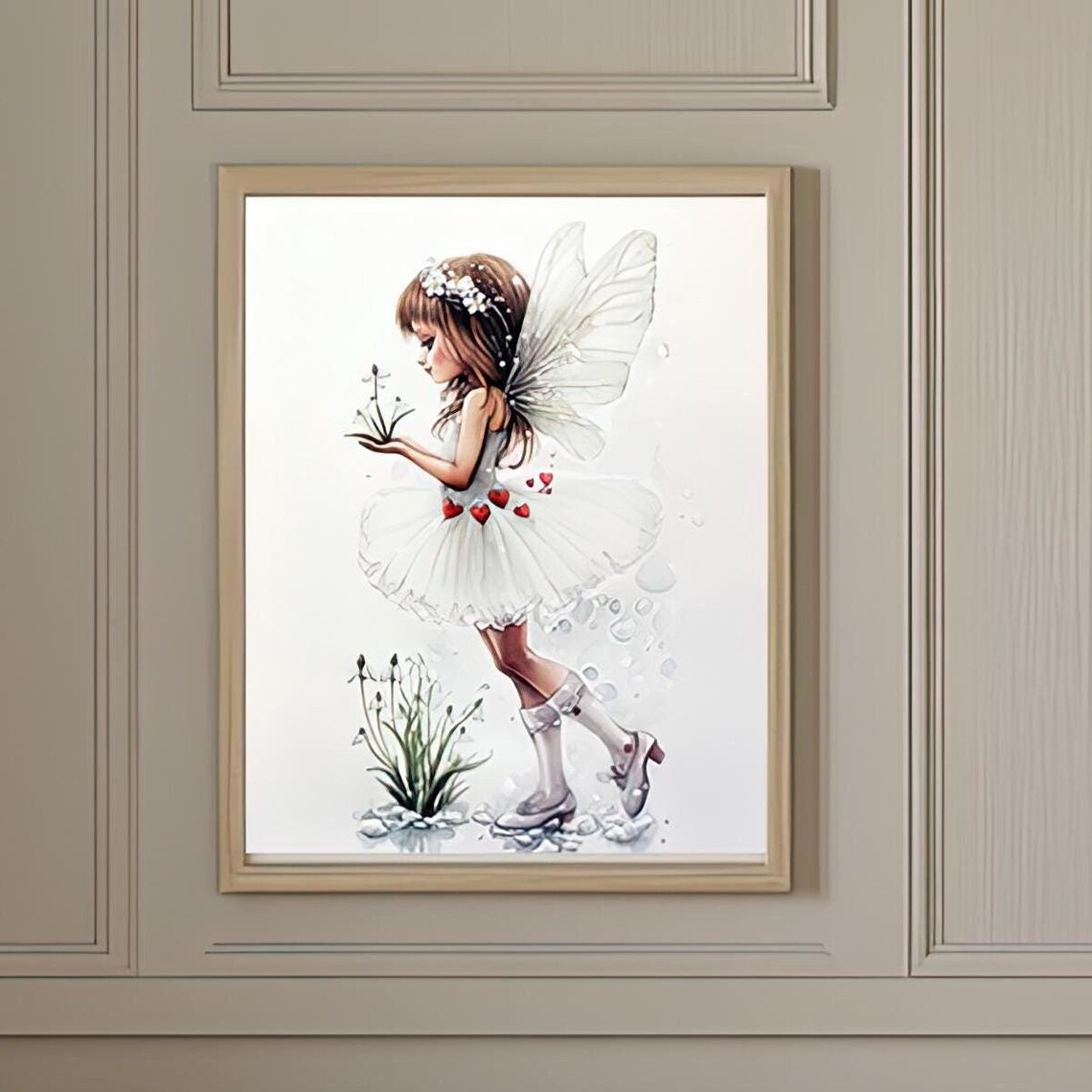 Cute Little Fairy Girl In White Dress Watercolor Kids Art Poster