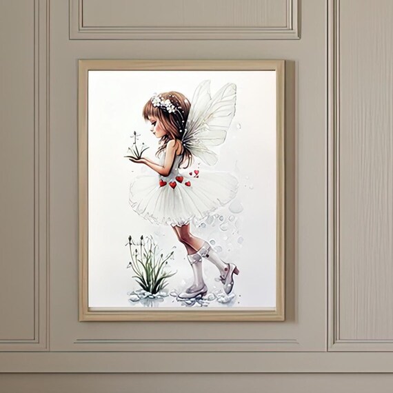 Cute Little Fairy Girl In White Dress Watercolor Kids Art Poster