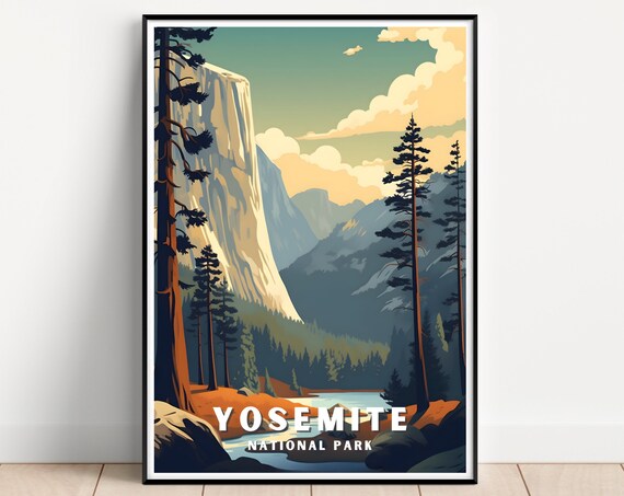 Yosemite National Park Vintage Travel Poster Mountain Valley Cliff Scenery