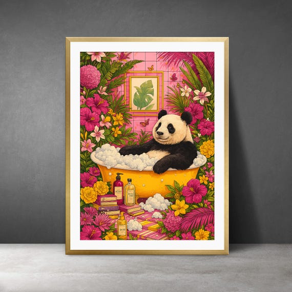 Panda Bath Art Print Whimsical Tropical Bathroom Decor
