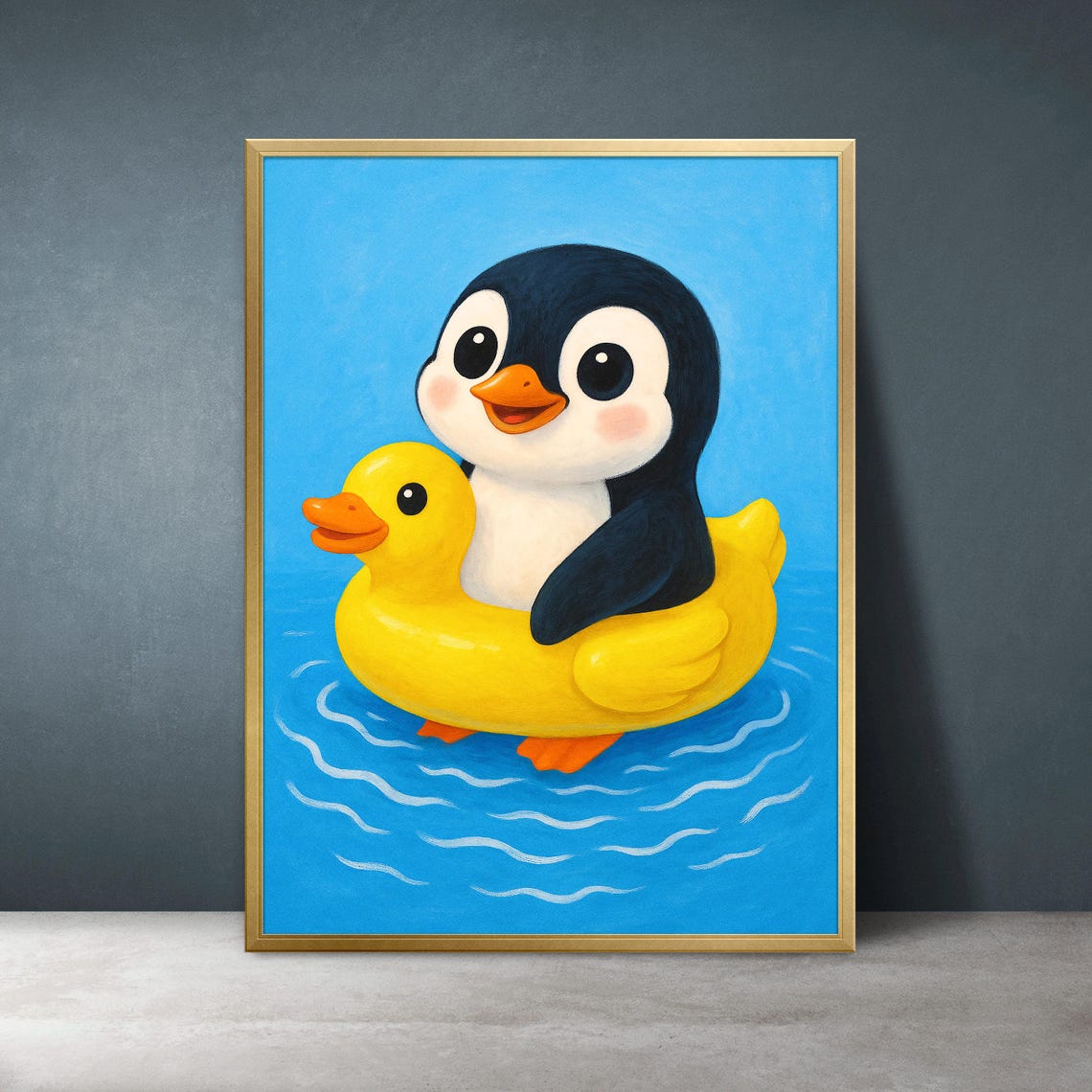 Sweet Baby Penguin with Rubber Duck Float Cute Nursery Art Poster