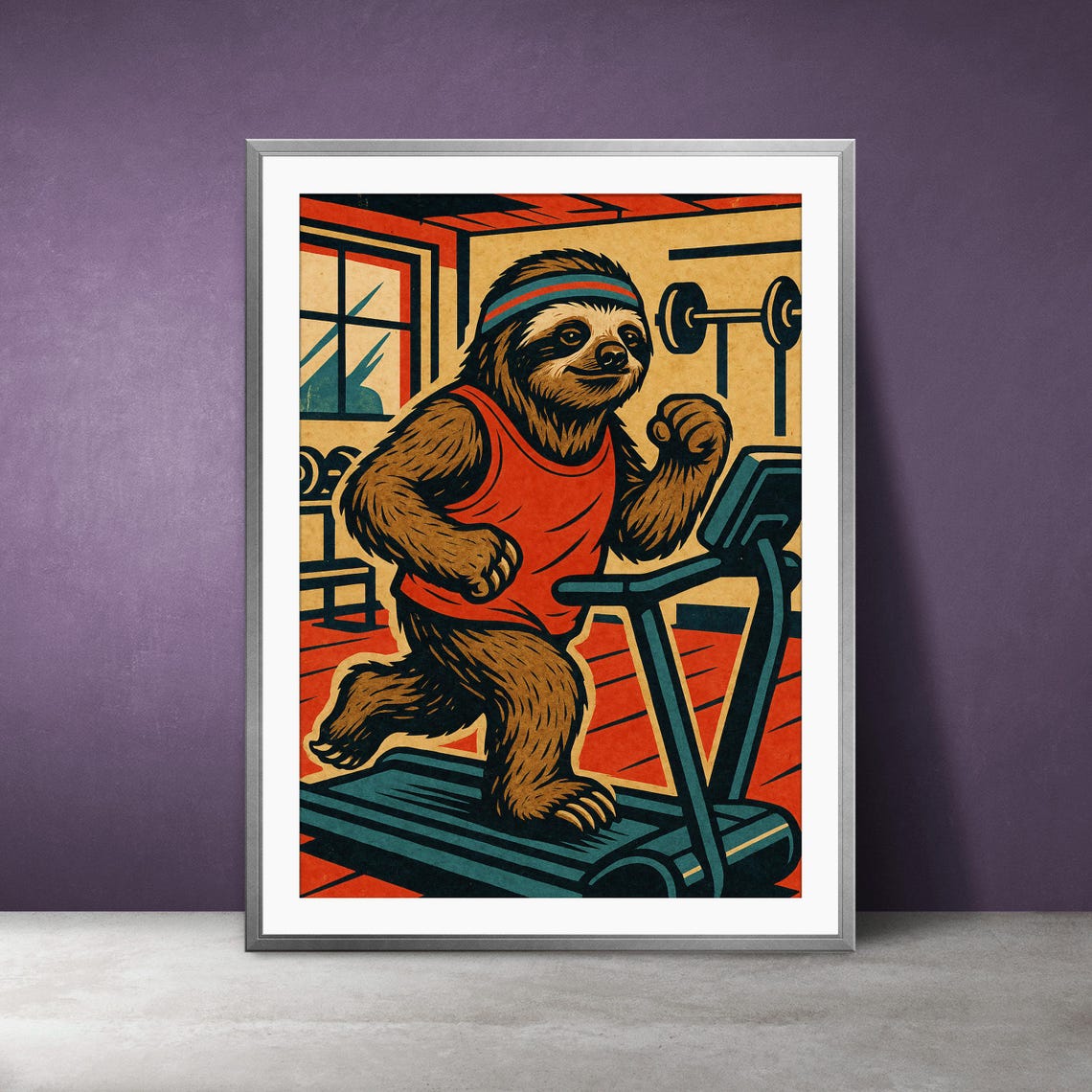 Sloth Gym Workout Funny Retro Treadmill Fitness Animal Poster