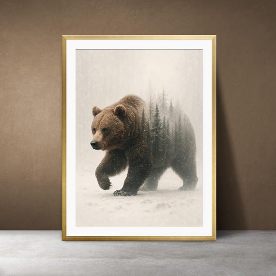 Double Exposure Bear Art Print Nordic Winter Forest