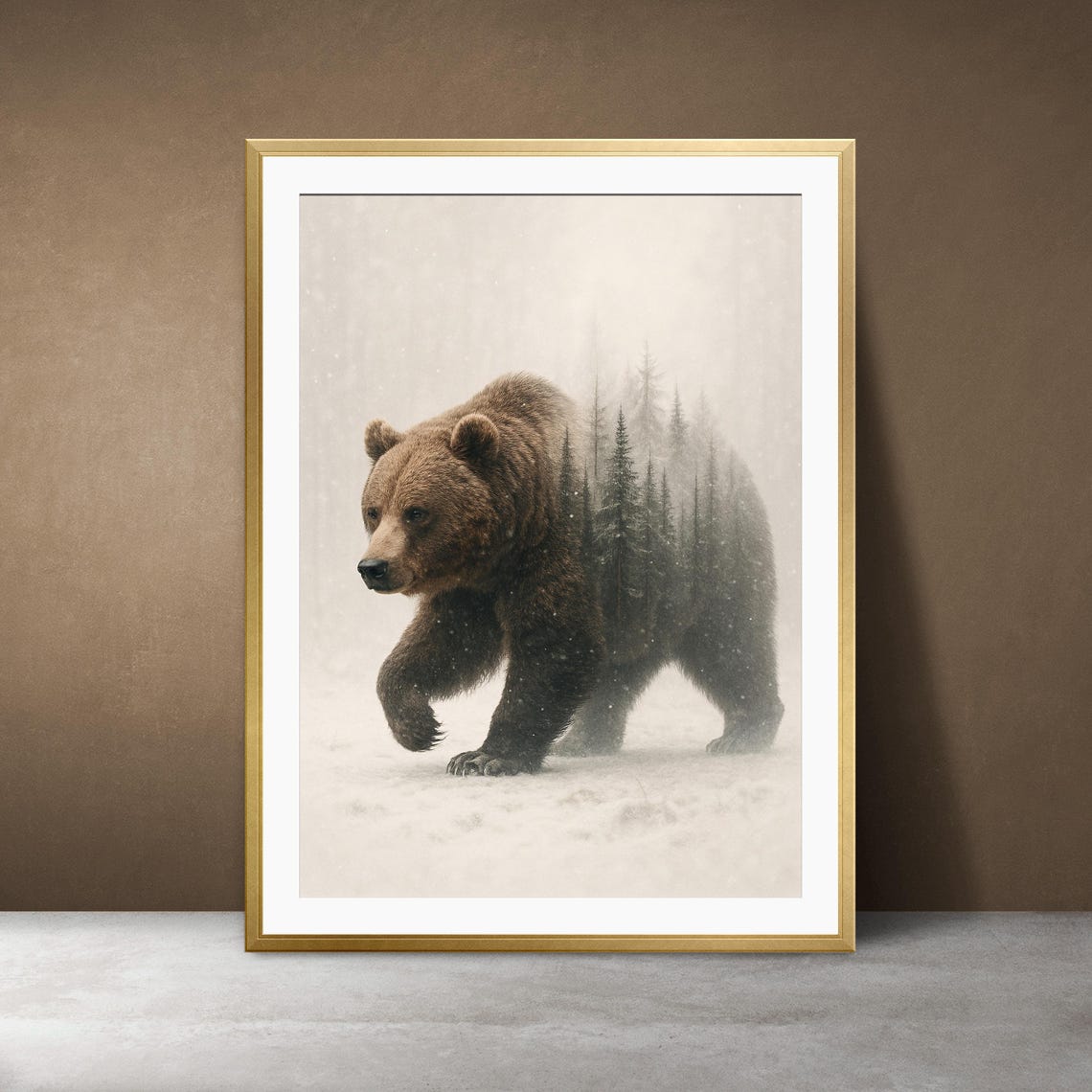 Double Exposure Bear Art Print Nordic Winter Forest