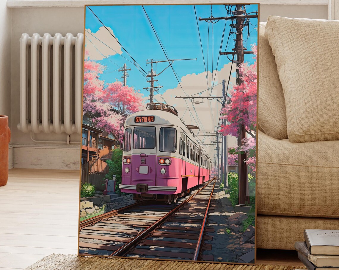 Pink Train and Cherry Blossoms, Manga Style Art Print