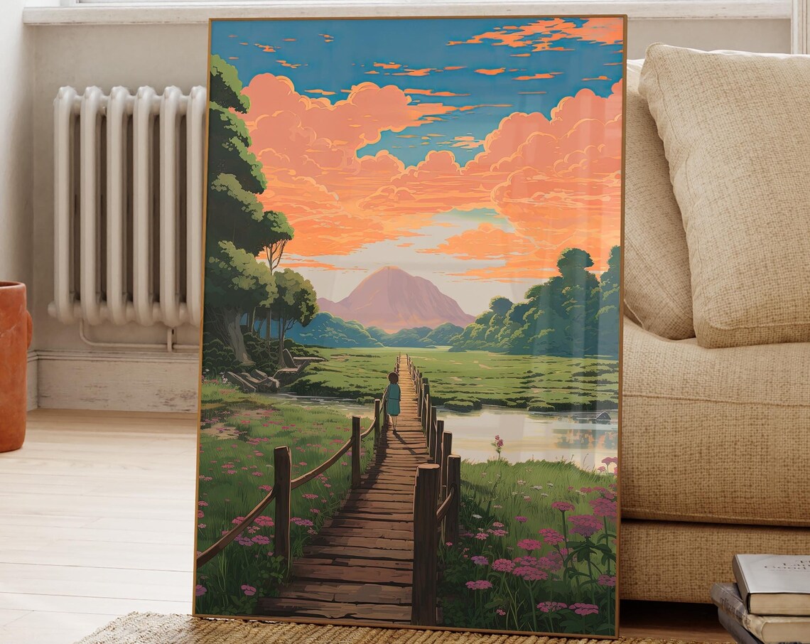 Anime Girl on Wooden Boardwalk Through Meadow at Sunset Poster