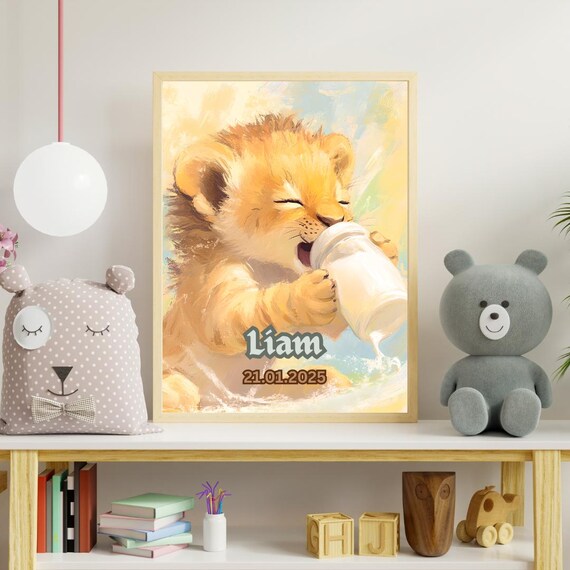 Personalized Lion Cub Nursery Custom Name and Date Art Poster