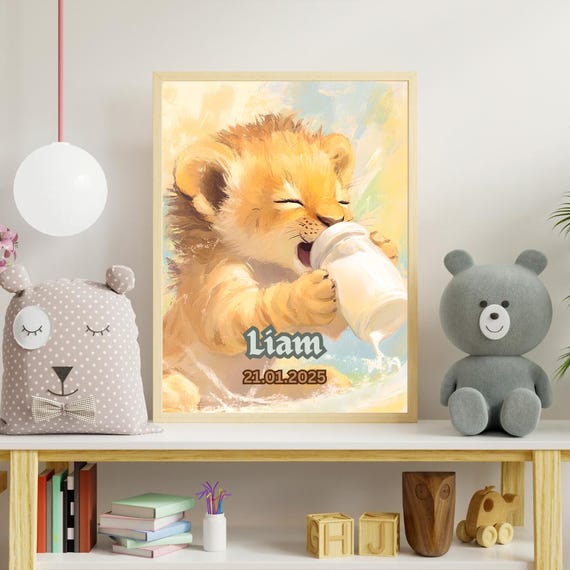 Personalized Lion Cub Nursery Print Watercolor Jungle Animal Decor