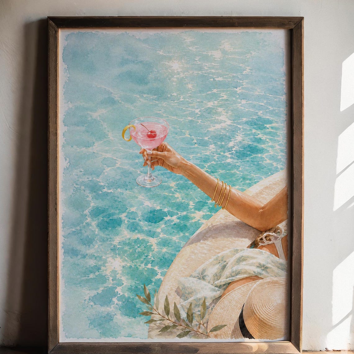 Pink Cocktail Pool Wall Art Print Summer Lounge Poster Blue Water Vacation Decor
