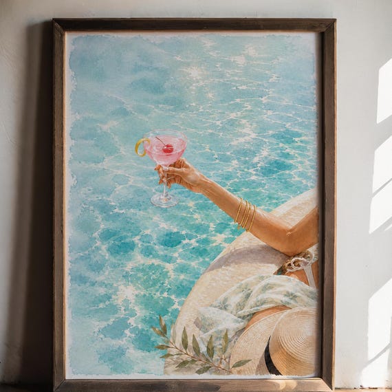Pink Cocktail Pool Wall Art Print Summer Lounge Poster Blue Water Vacation Decor