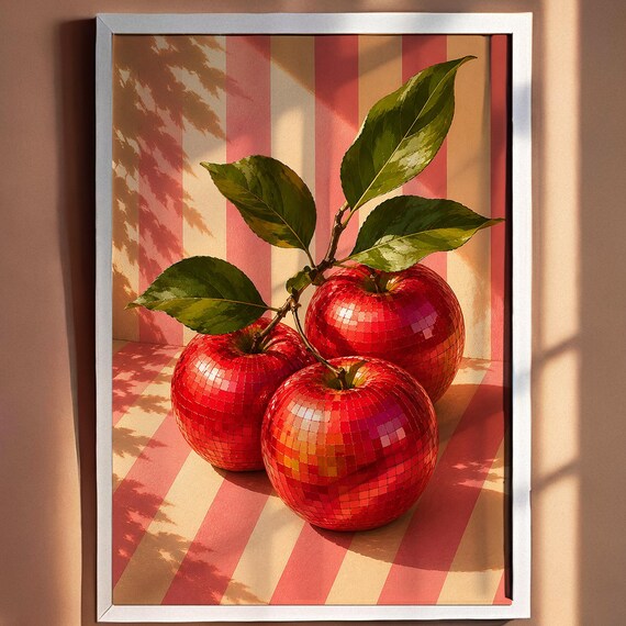 Disco Ball Apples Retro Fruit Mirrorball Pink Striped Art Poster