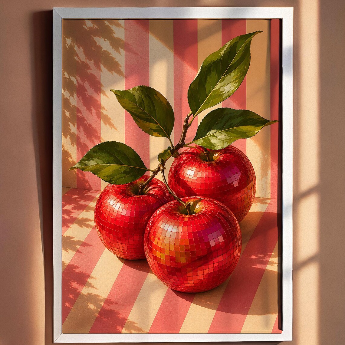 Disco Ball Apples Retro Fruit Mirrorball Pink Striped Art Poster