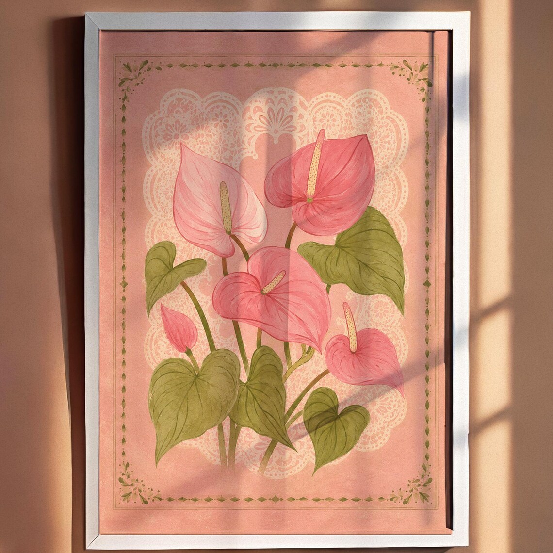 Pink Anthurium Botanical Lace Vintage Floral Painting Poster