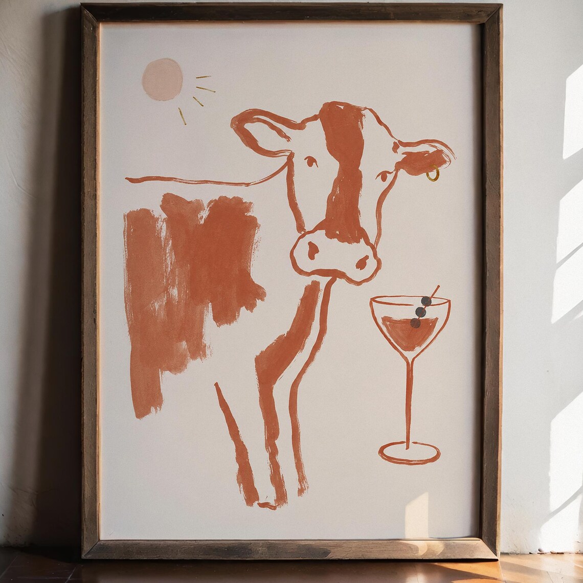 Terracotta Cow with Cocktail Glass Loose Brushstroke Line Art Poster