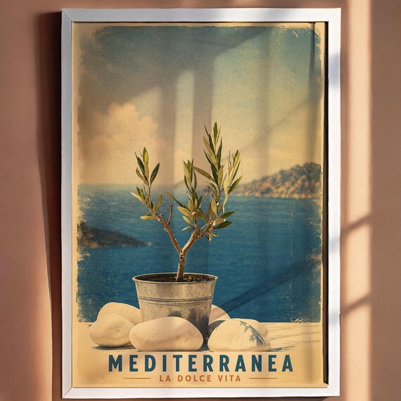 Mediterranea La Dolce Vita Olive Tree Vintage Coastal Travel Poster