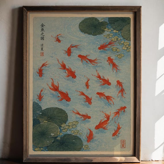 Japanese Goldfish Wall Poster Vintage Koi Pond Art Print Ukiyoe Inspired Fish Decor