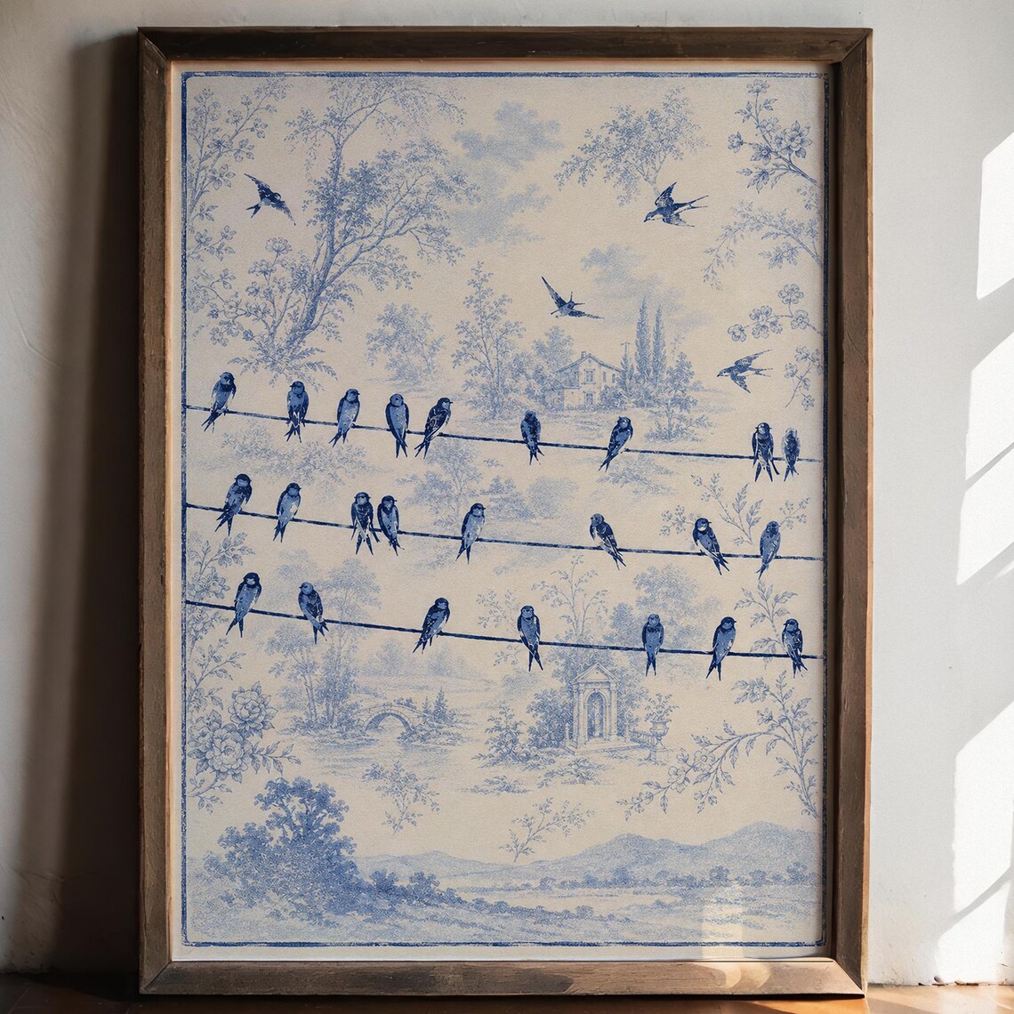 Blue Toile Swallow Birds Poster Vintage French Countryside Chic Art