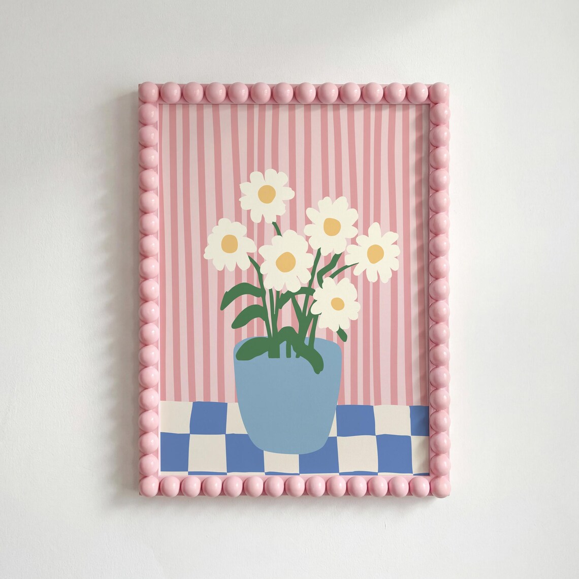 White Daisy Bouquet Coquette Pink Striped Floral Bedroom Wall Art