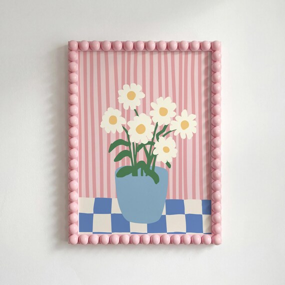 White Daisy Bouquet Coquette Pink Striped Floral Bedroom Wall Art