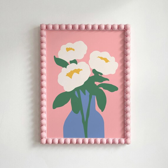 White Peonies Blue Vase Pink Background Floral Still Life Poster