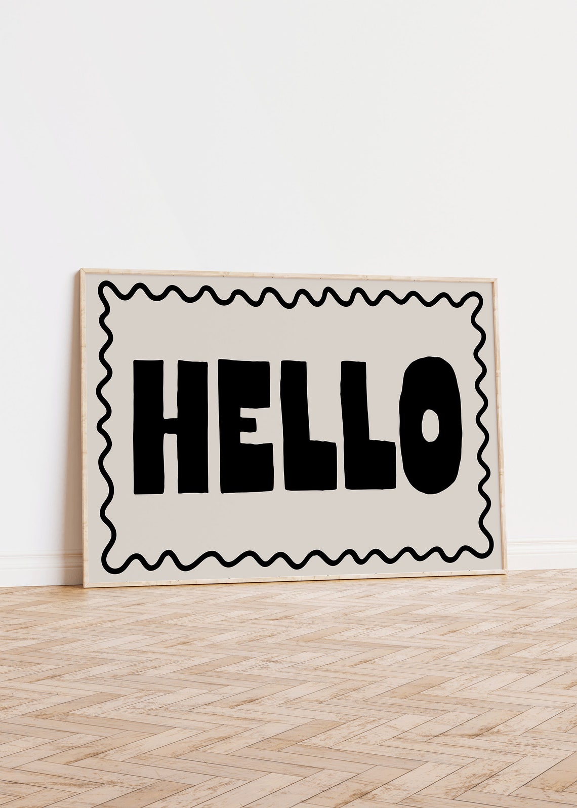 Hello Giant Black Block Letters Minimal Cream Wavy Border Poster - Image 2