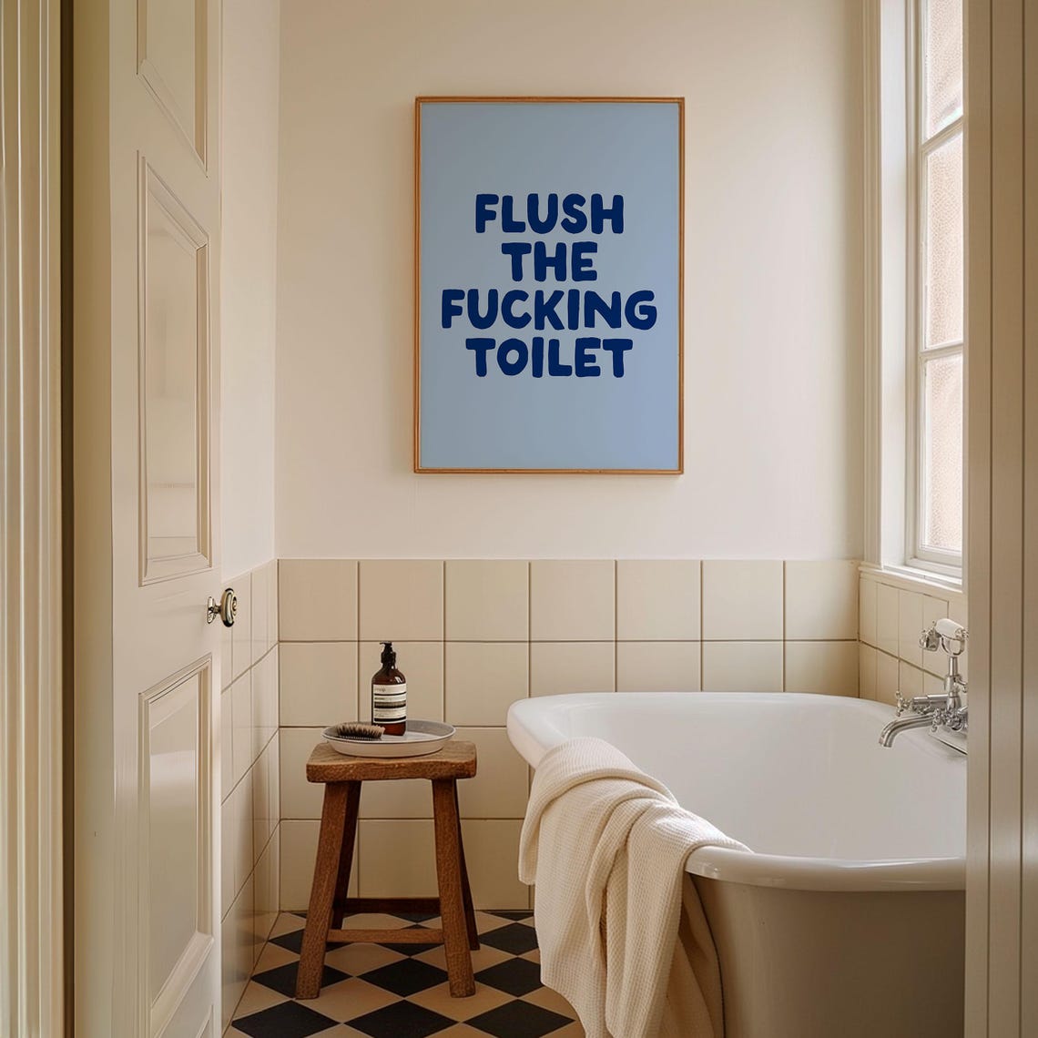 Flush The Toilet Navy Blue on Light Blue Funny Bathroom Poster - Image 2