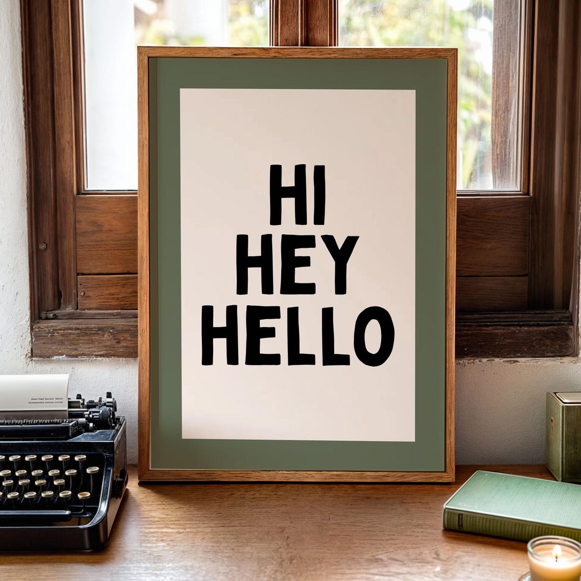 Hi Hey Hello Black Retro Typography Green Border Minimalist Poster