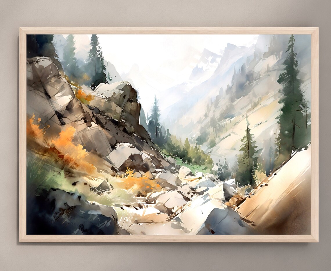 Misty Mountain Canyon Stream Watercolor Rocky Valley Scene Poster - Image 3