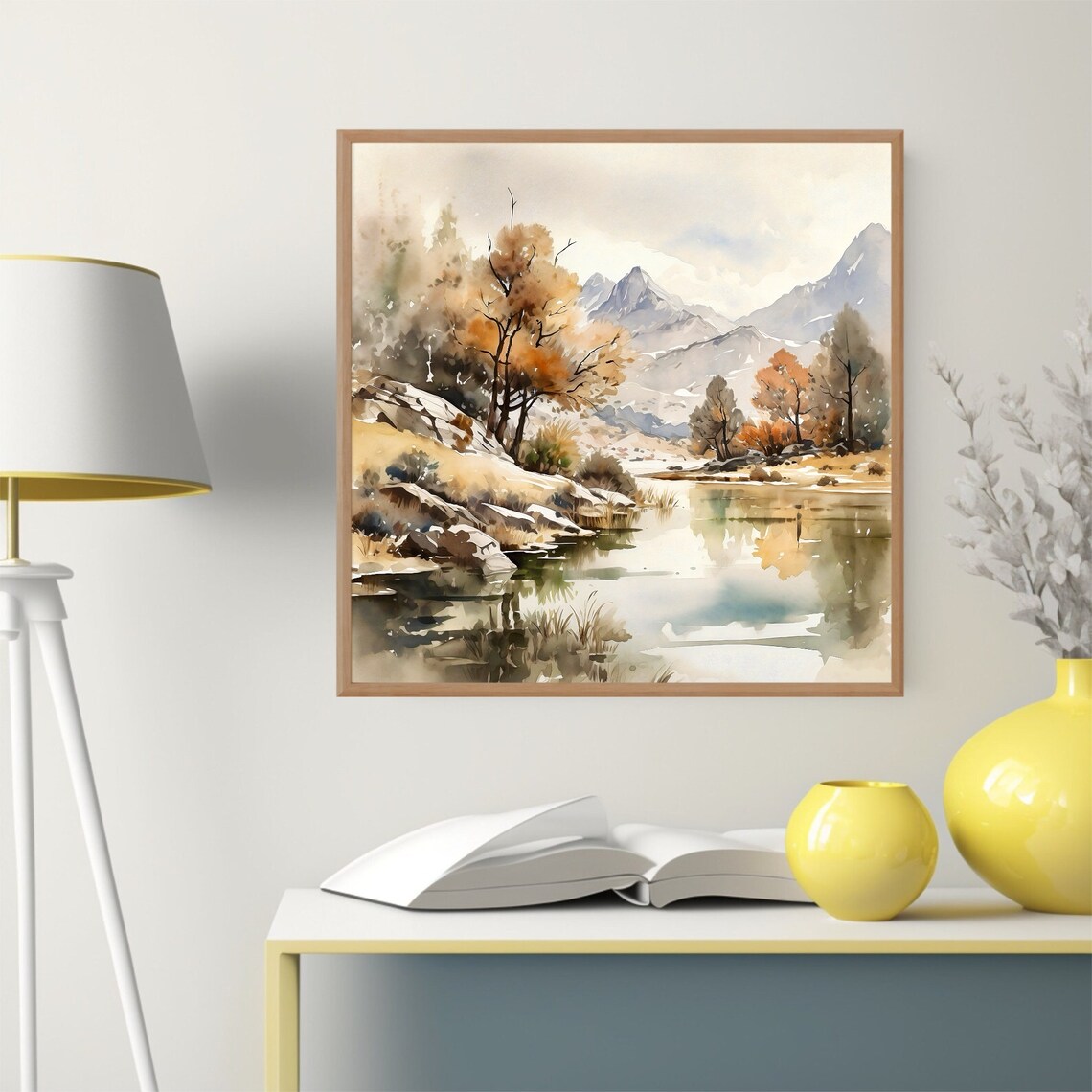 Autumn Lake Golden Trees Mountain Reflection Watercolor Art Print - Image 2