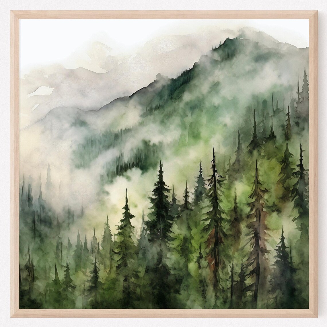 Foggy Pine Forest Misty Mountain Ridge Watercolor Painting Poster