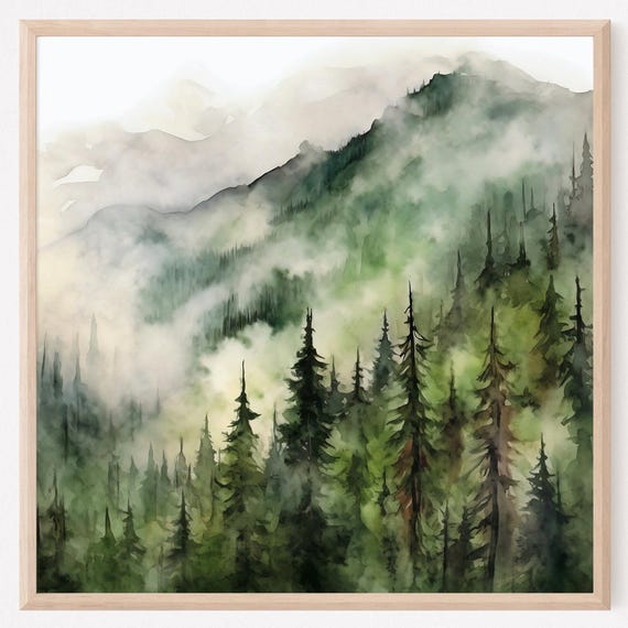Misty Mountain Landscape Watercolor Neutral Wall Art Panoramic Landscape Minimalist Wall Art Mountains Painting Green Nature Art Print