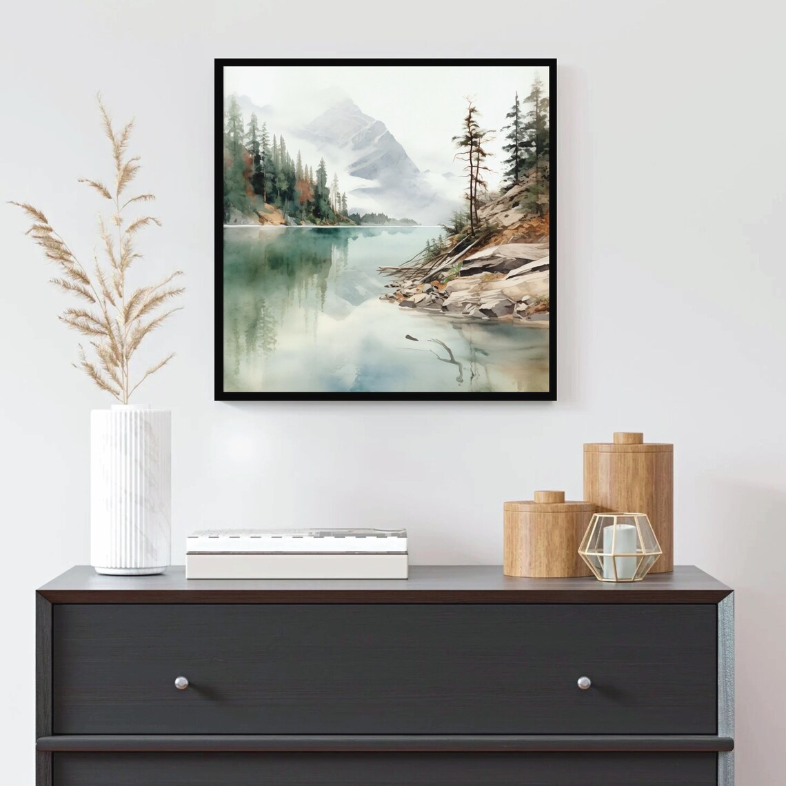 Quiet Mountain Lake Mirror Reflections Evergreens Watercolor Poster - Image 3