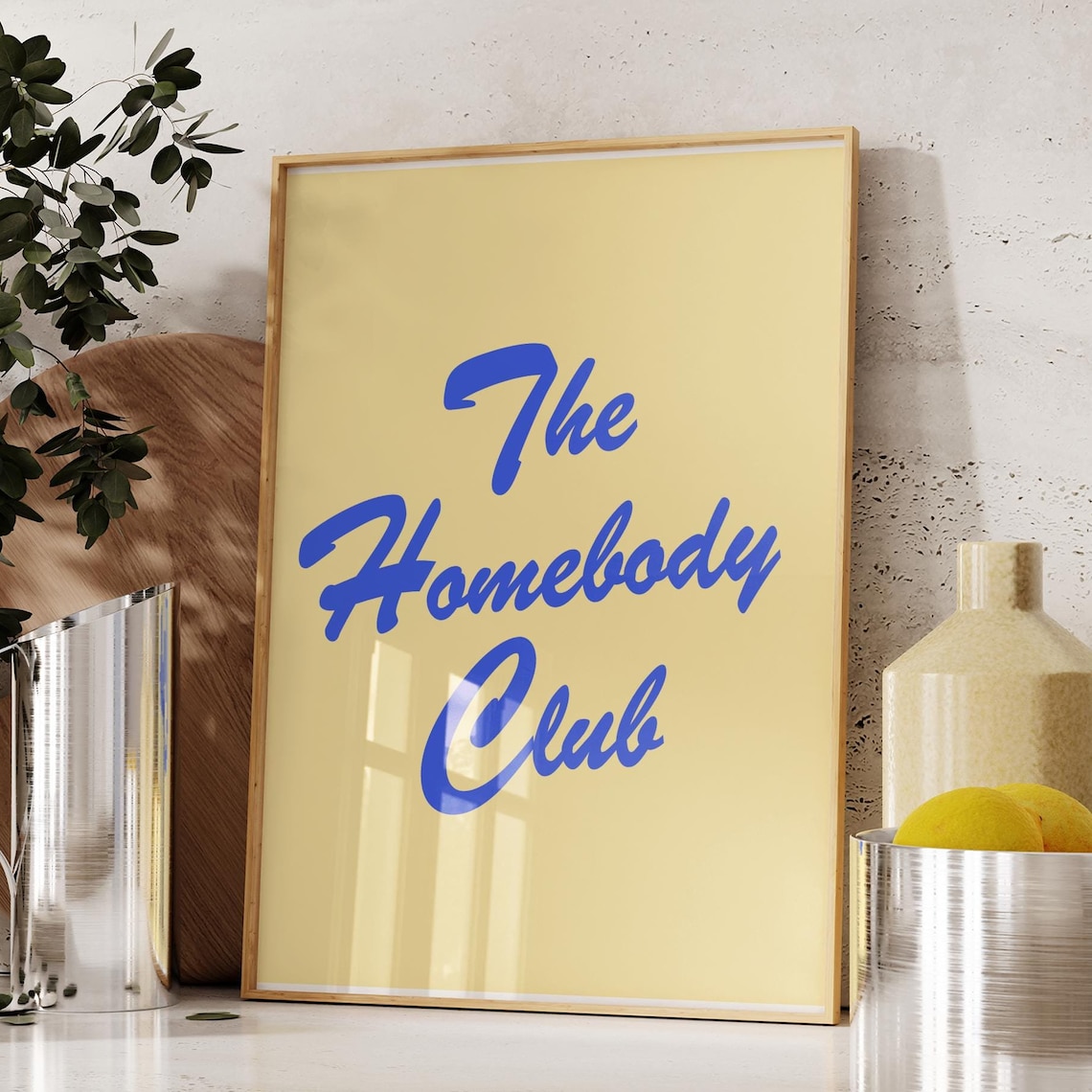 The Homebody Club Script Poster, Yellow Blue Framed Retro Trendy Wall Decor Art